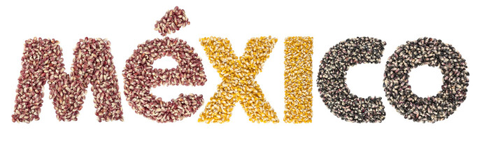 Mexico Text made with corn seeds with clipping path. Mexico Country name made with three corn varieties