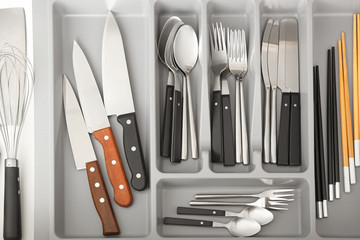 Kitchen utensils in drawer, closeup