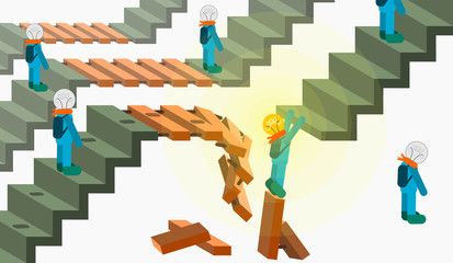 The Overcoming: resilience, keep moving forward, do not give up, there is always hope, strength with challenges. Illustration with stairs and obstacle with broken bridge. White background.