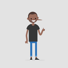 Liar. Young character with a long nose. Cheater. Concept. Flat editable vector illustration, clip art