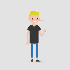 Liar. Young character with a long nose. Cheater. Concept. Flat editable vector illustration, clip art