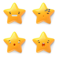 3d render, Set abstracts emotional stars icon, sleepy face icon, sleeping character illustration, dreaming, surprise, scared, awaiting, wondering, emotional, cute cartoon stars, emoji, emoticon, toy