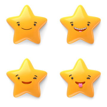 3d render, Set abstracts emotional stars icon, excited character illustration, happy, smile, crazy, stupid funny, wondering, laugh, winking cute cartoon stars, emoji, emoticon, toy