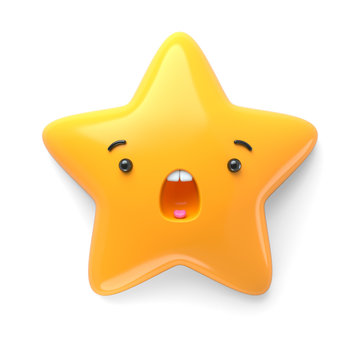 3d render, abstract emotional star icon,  scared character illustration, awaiting, wondering, shocked, surprised, cute cartoon star, emoji, emoticon, toy