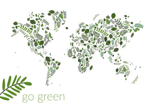 vector map of the world made of green leaves illustration. greenery ecology. earth. tanical style map. eco organic globe. worldmap