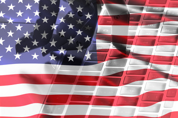 Trade war tariffs. American artificial intelligence disruption everything industry 4.0 in global race ai dominance , neural network , deep learning concept. .Flag and robot hand.