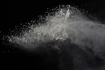 Abstract powder splatted on black background.Freeze motion of white powder exploding islate with...