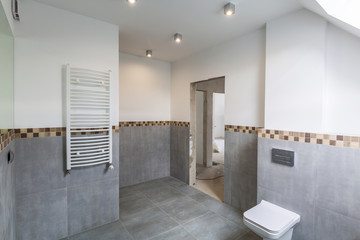 New bathroom interior in the house. Gray concrete tiles with wooden decor.