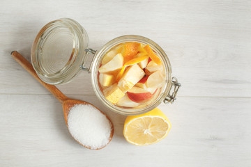 Homemade apple cider. Apples, sugar and water. Healthy natural probiotic drink. Top view