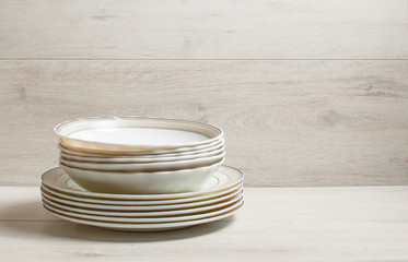 Set of plates on table. Copy space