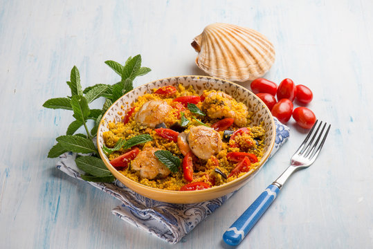 couscous with scallop eggplant and tomatoes