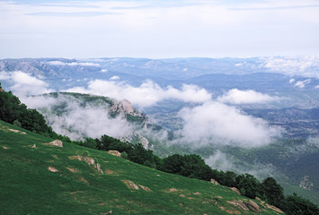 Mountains of the crimea and the green forest and village