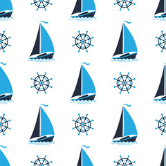 Sailing boat on the waves. Captain's wheel. Seamless nautical pattern.