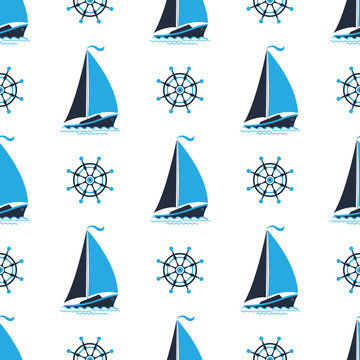 Sailing boat on the waves. Captain's wheel. Seamless nautical pattern.