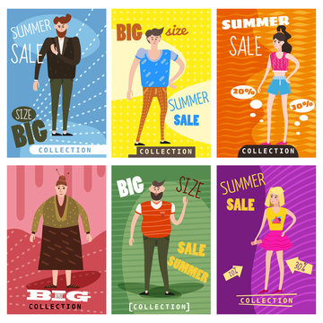 Cards for selling clothes, different sizes, characters for men and women, large-scale clothing, modern style graphics, posters, banners, advertising, vector, isolated