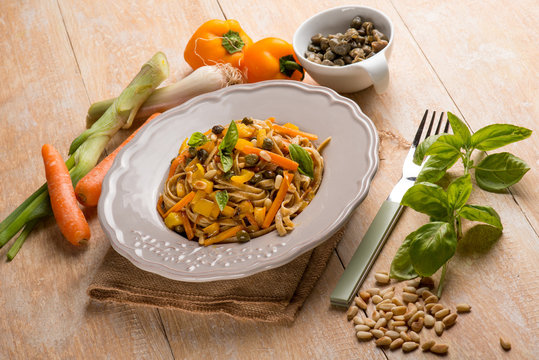 tagliatelle with capsicum capers pinenuts an carrots