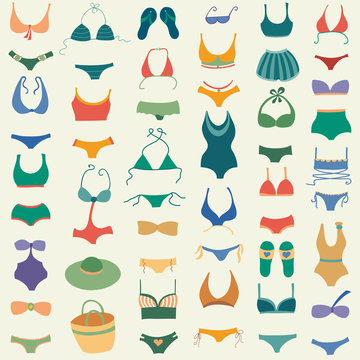 Swimming suit vector seamless pattern. Different swimsuits, flip flops, hats, glasses, bags on light background