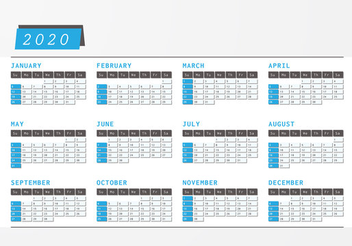 Year Calendar 2020 office horizontal design