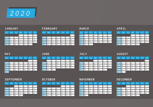 Year Calendar 2020 dark horizontal design