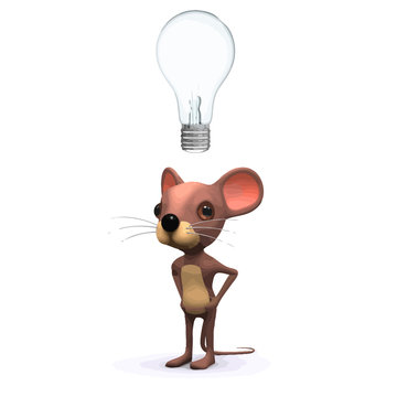 Vector 3d Funny cartoon mouse has an idea represented by a lightbulb floating over its head