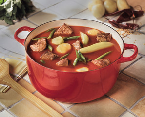 Beef soup with vegetables Spicy tomato soup with vegetables