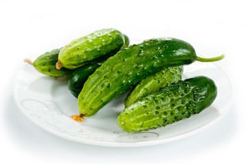 Green cucumbers bright and juicy shot on a white background