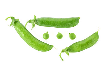Top view of fresh green pea pods and peas on white background