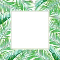 Watercolor frame with tropic green palm leaves