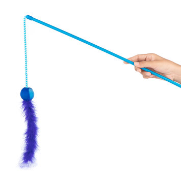 Cat Toy with a Blue Feather ball isolated on white background.
