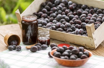 Organic plum fruit products, jar of jam. Plum jam.