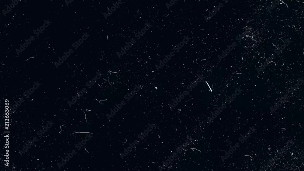 Poster slow motion macro shot of dust particles over black background. white dust particles moving slowly i