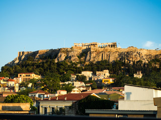 Athens, Greece. Acropolis rock and Plaka at sunset