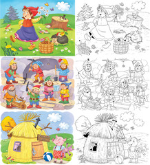 Little Red Riding Hood and others. Fairy tale. Coloring book. Coloring page. Cute and funny cartoon characters