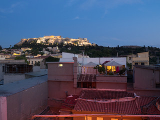 Athens, Greece. Acropolis rock and Plaka at sunset