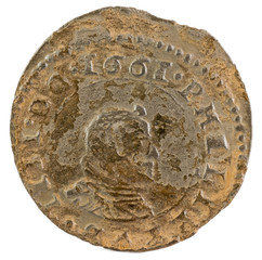 Ancient Spanish copper coin of King Felipe IV. 1661. !6 Maravedis. Obverse.