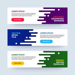 Set of three vector abstract baners. Trendy modern flat material design style. Blue, green and purple colors. Text placeholder.