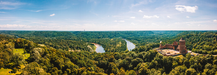 Amazing Aerial View over the Turaida Castle during Golden Hours, Sunset Time, Sigulda, Latvia,...