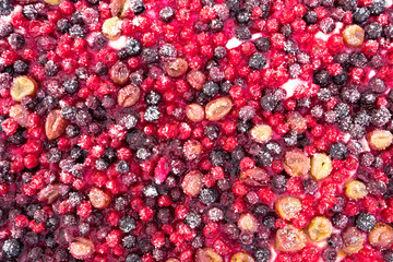 Closeup of a vegan cake stuffed with different berries and sprinkled with white sugar