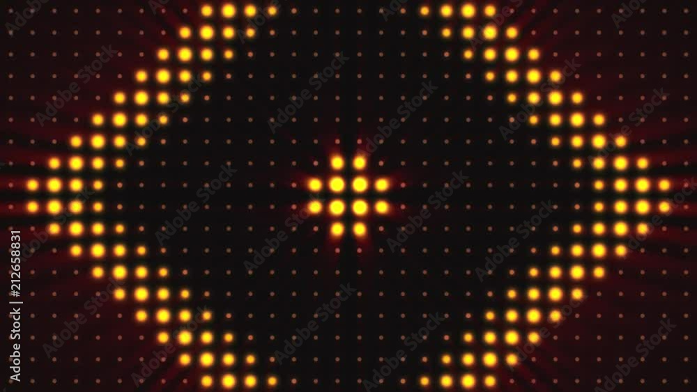 Poster bright flood lights background with particles and glow. gold tint. seamless loop. strobe lights flas