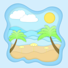 Vector illustration of a beach (coast) with umbrellas from the sun (parasol) and palm trees on the ocean (sea). Summer square background in the paper art style. Vector EPS 10.