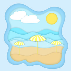 Fototapeta na wymiar Vector illustration of a beach (coast) with umbrellas from the sun (parasol) on the ocean (sea). Summer square background in the paper art style. Vector EPS 10.
