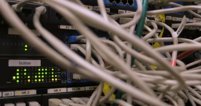 High Quality footage of a Messy network room. Cables everywhere! Filmed in 4K.