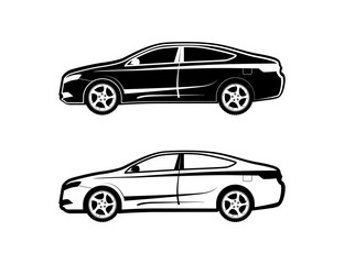 Sedan car Icon set from the side view in black and white