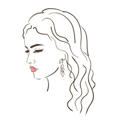 Young woman face, fashion sketch, black and white linear face drawing. Vector illustration, poster, banner, logo
