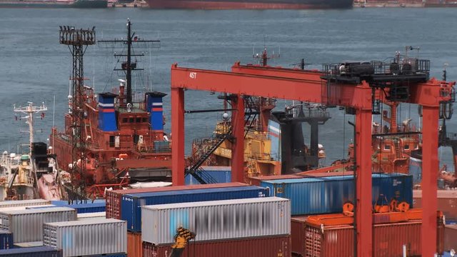 The port crane moves a red cargo container against the blue sea