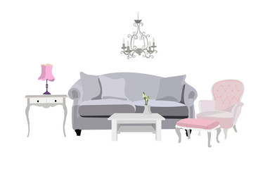 pink old fashioned romantic living room interior.