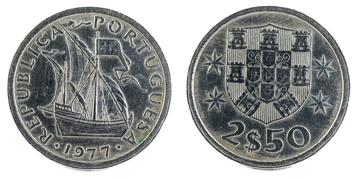 Old Portuguese coin. 2$50 Escudos. 1977.