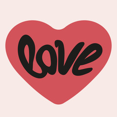 Vector handdrawn illustration with brush painted word Love in shape of red heart