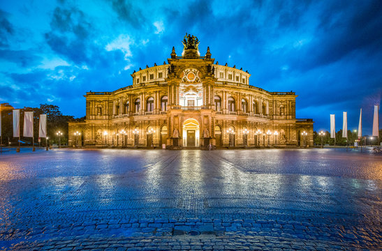 Dresden Semperoper with dramatic sky at twilight, Saxony, Germany