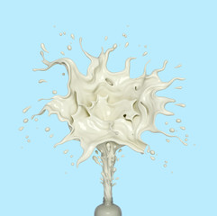 Liquid white milk or yogurt splash out of bottle isolated on background. Creative design drink concept. 3D rendering illustration.